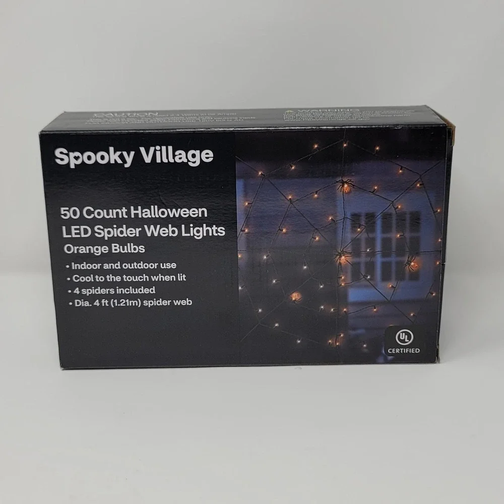 Spooky Village Spider Web LED Lights 50 Count Orange Bulbs Indoor Outdoor Use‎